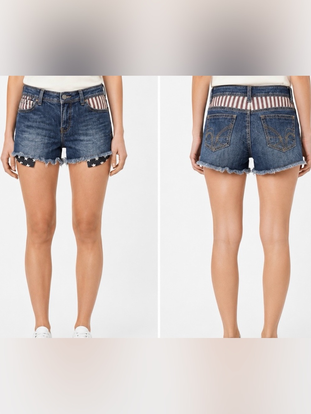 Hot Kiss Women's Distressed Denim Shorts with Star & Stripe Accents - Blue